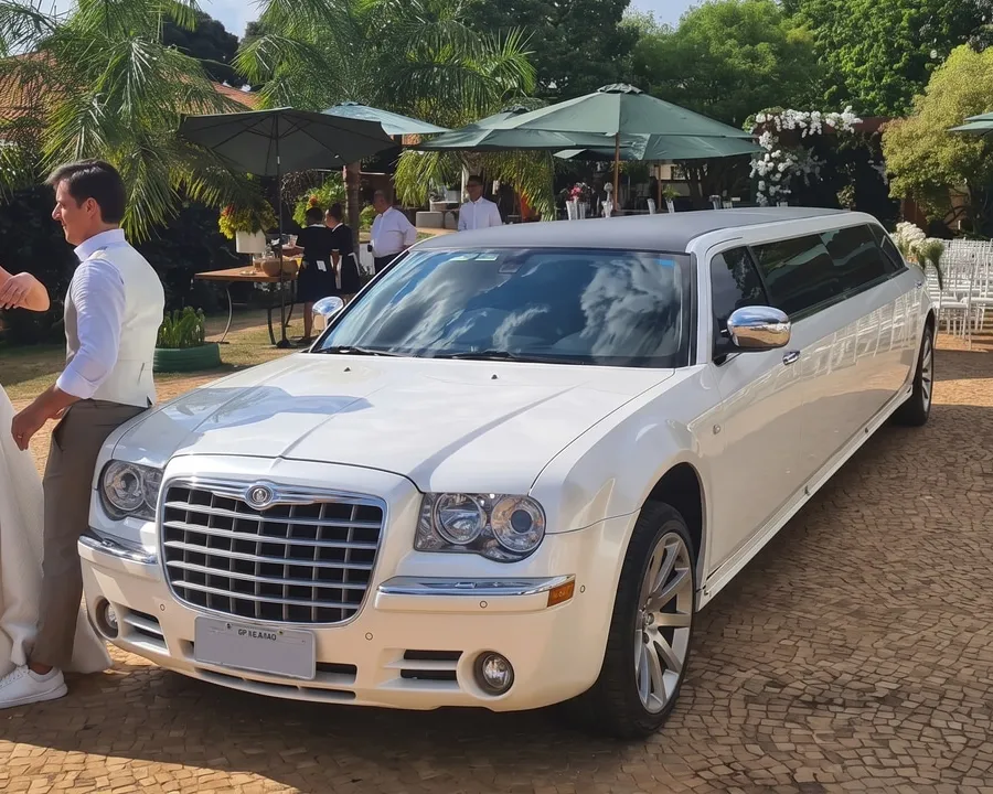Noivos ao lado da limousine Chrysler 300C branca durante uma cerimônia de casamento ao ar livre